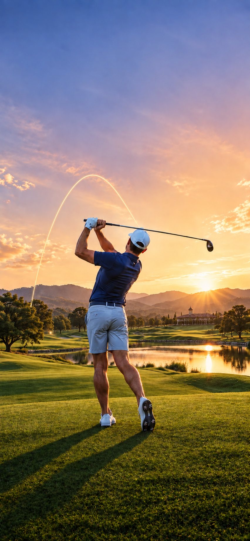 Golfer finishing a swing over a sunlit golf course at sunset