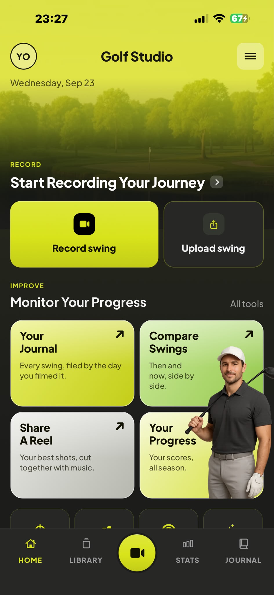 Golf Studio home screen with recording, journal, comparison and progress tools