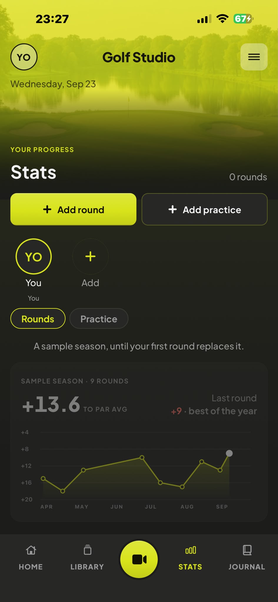 Golf statistics screen showing a labelled sample season graph
